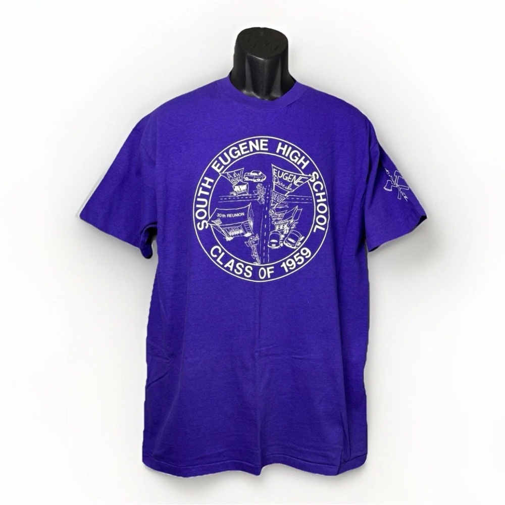South Eugene Oregon Axmen Vtg Single Stitch ‘59 Reunion The Gut Purple Tee Sz XL